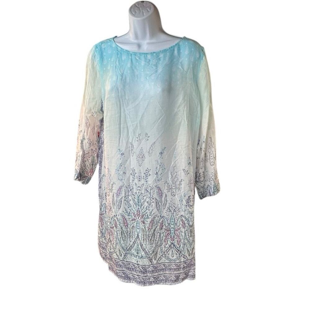J.Jill Boho Artsy Tunic Dress Blue Ombre Print 3/4 Sleeve Size M
